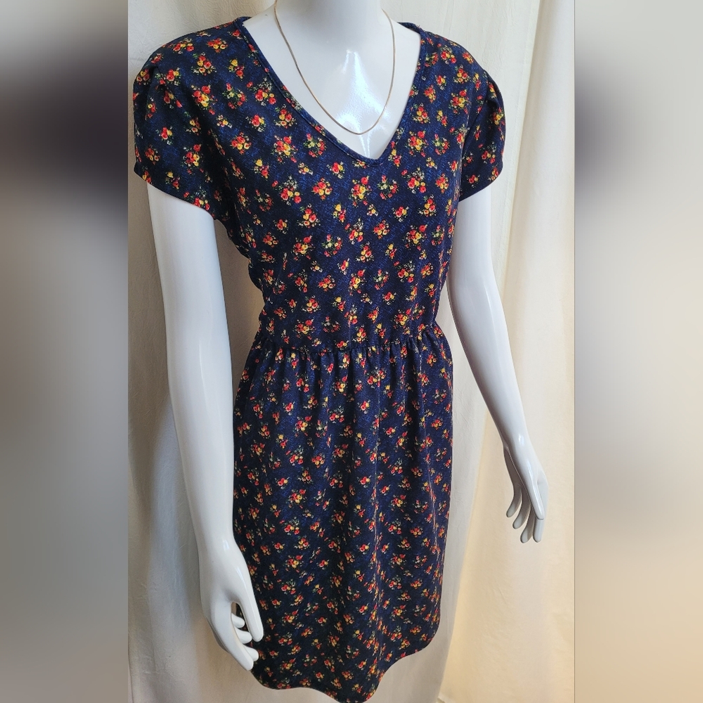 Navy Blue Floral Cap Sleeve Dress W/Pockets & Elastic Waist